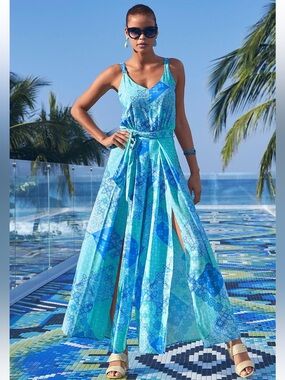 Boston Proper Island Patchwork Slit Jumpsuit Ocean Blue Multi Print Tie Waist 14